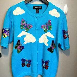 TERAZZO Women’s Vintage Fully Embellished S/S Sweater MED 55% Ramie 45% Cotton